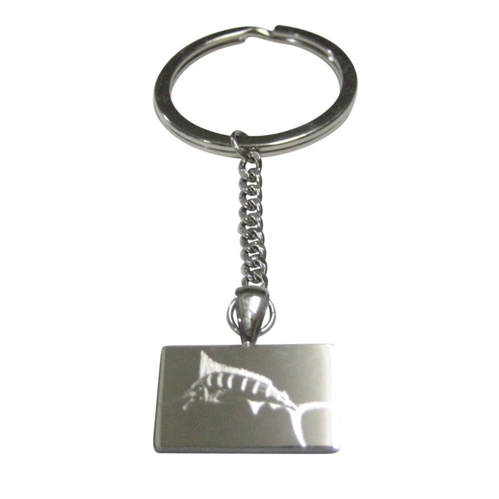 Silver Toned Rectangular Etched Sailfish Marlin Fish Pendant Keychain